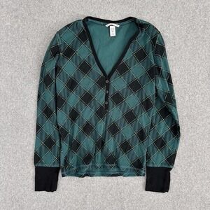 Victorias Secret Shirt‎ Womens Medium Green Black Thermal Henley Argyle Top